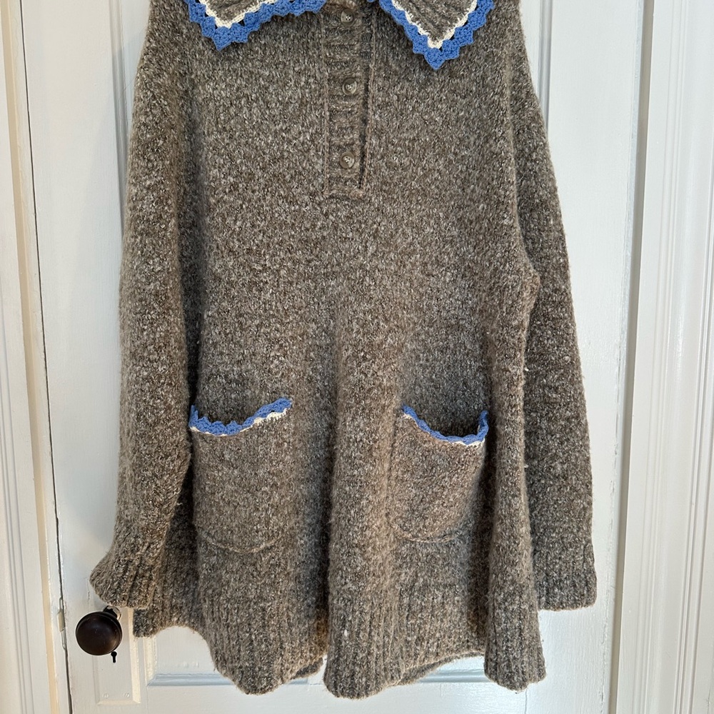 Free People Brown Sweater Dress with Blue Trim